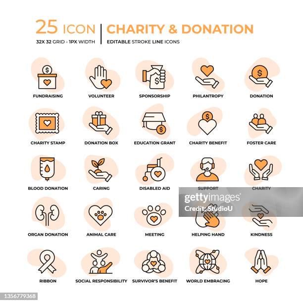 stockillustraties, clipart, cartoons en iconen met charity and donation flat style line icons - red event in