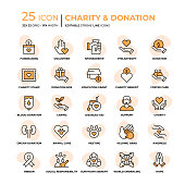 Charity And Donation Flat Style Line Icons