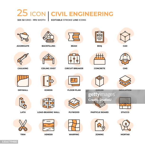 civil engineering flat style line icons - wheelbarrow stock illustrations