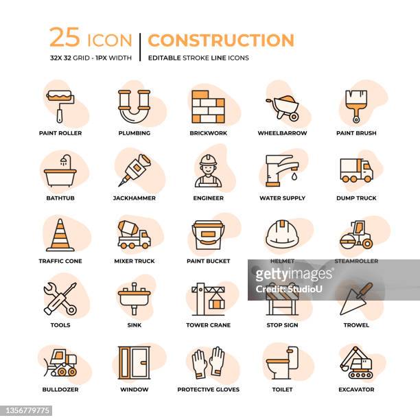 construction flat style line icons - traffic cone stock illustrations