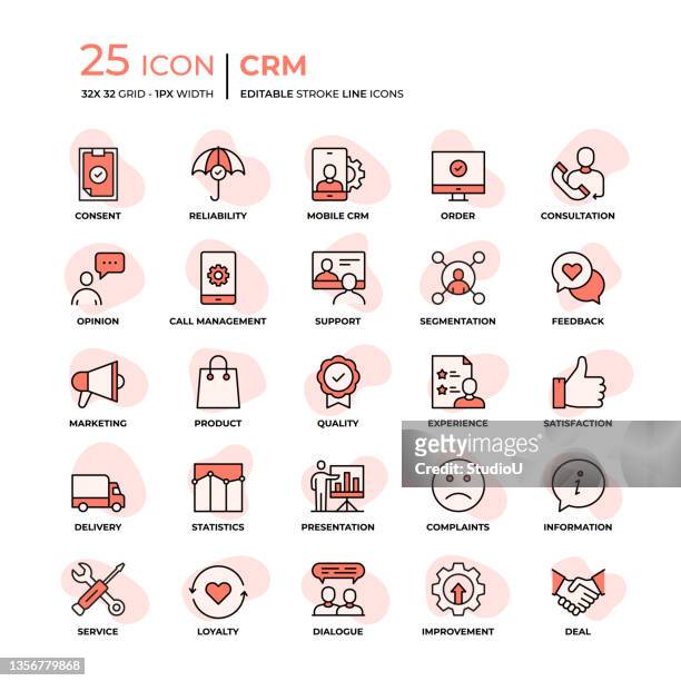 customer relationship management flat style line icons - kundenbeziehungsmanagement stock-grafiken, -clipart, -cartoons und -symbole
