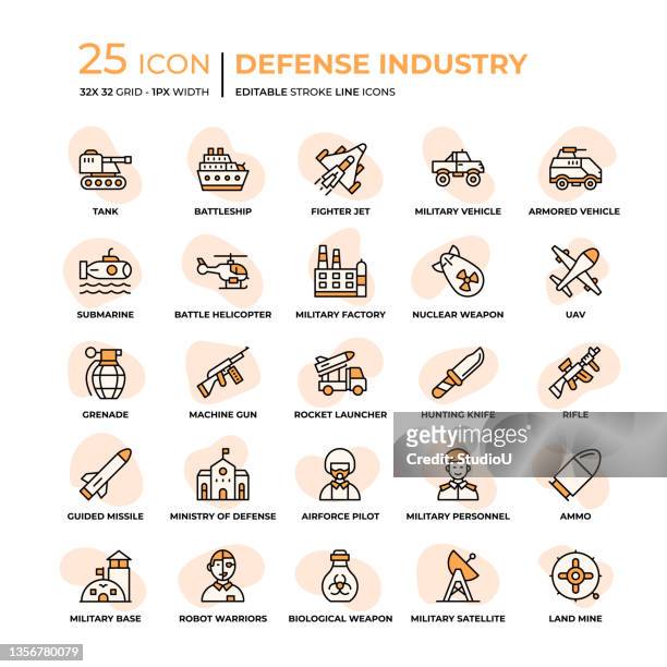 defense industry flat style line icons - military base icon stock illustrations