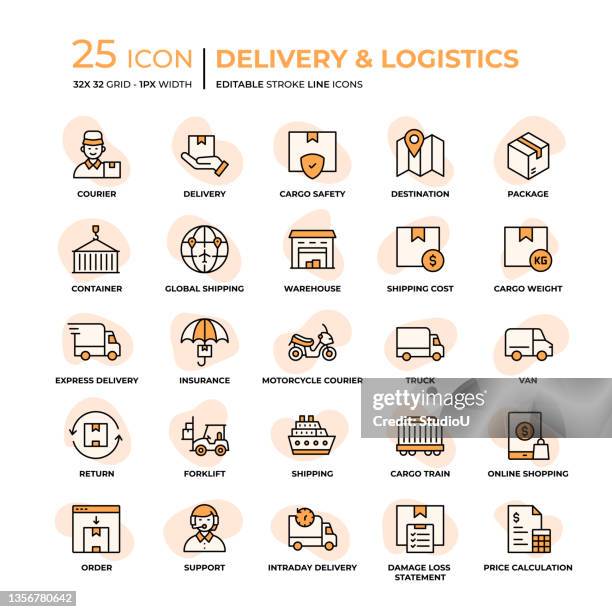 delivery and logistics flat style line icons - returning product stock illustrations