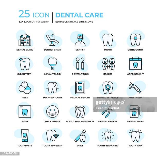 ilustraciones, imágenes clip art, dibujos animados e iconos de stock de iconos de línea de estilo plano de cuidado dental - dentista