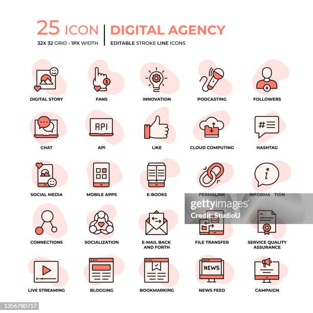 digital agency flat style line icons - blogging stock illustrations