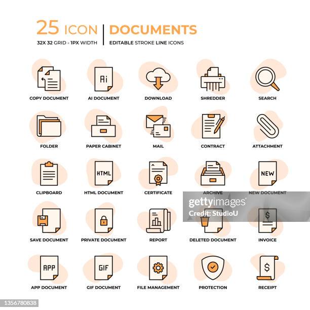 ilustrações de stock, clip art, desenhos animados e ícones de documents flat style line icons - filing documents