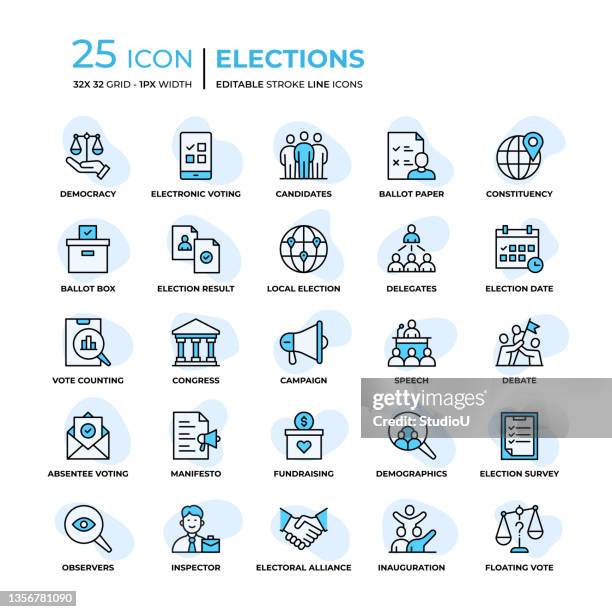 ilustraciones, imágenes clip art, dibujos animados e iconos de stock de iconos de línea de estilo plano de elecciones - manifesto
