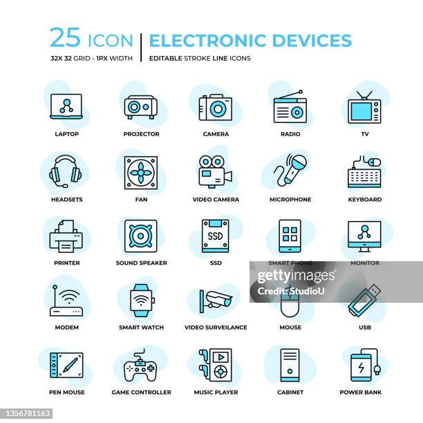 electronic devices flat style line icons - printer security stock illustrations