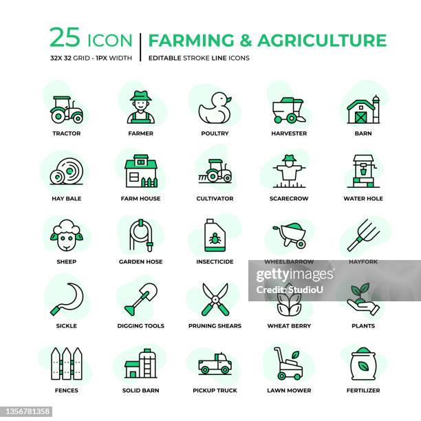 ilustraciones, imágenes clip art, dibujos animados e iconos de stock de agricultura y agricultura iconos de línea plana - farm stock illustrations