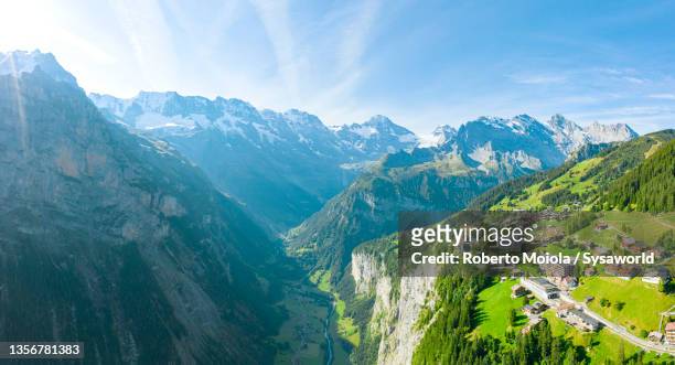 aerial view of the alpine village of murren, switzerland - lauterbrunnen stock pictures, royalty-free photos & images