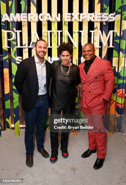 Rafael Mason, Julie Mehretu and Kehinde Wiley attend as American Express unveils New Art x Platinum Designs with Julie Mehretu and Kehinde Wiley at...