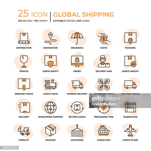 global shipping flat style line icons - docklands studio stock illustrations