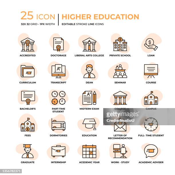 higher education flat style line icons - students university stock illustrations