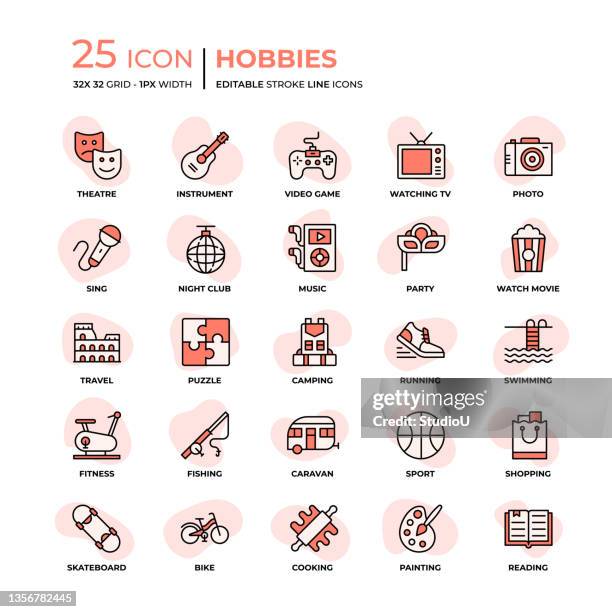 stockillustraties, clipart, cartoons en iconen met hobbies flat style line icons - televisie kijken