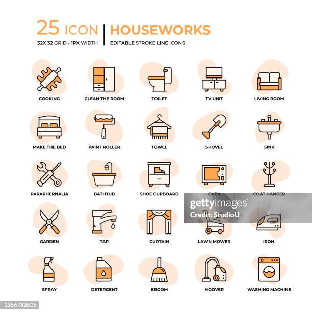 stockillustraties, clipart, cartoons en iconen met houseworks flat style line icons - badkamer huis