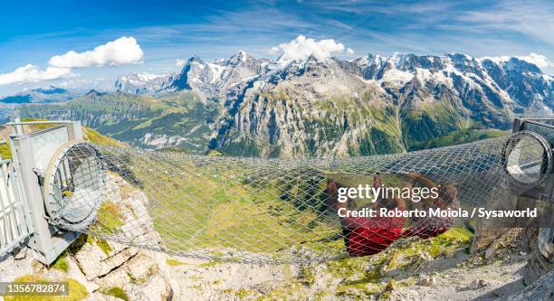 friends admiring mountains from tunnel mid-air, switzerland - neue wege gehen stock-fotos und bilder