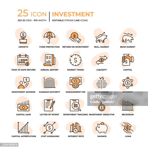 ilustrações, clipart, desenhos animados e ícones de ícones da linha de estilo plano de investimento - fund manager