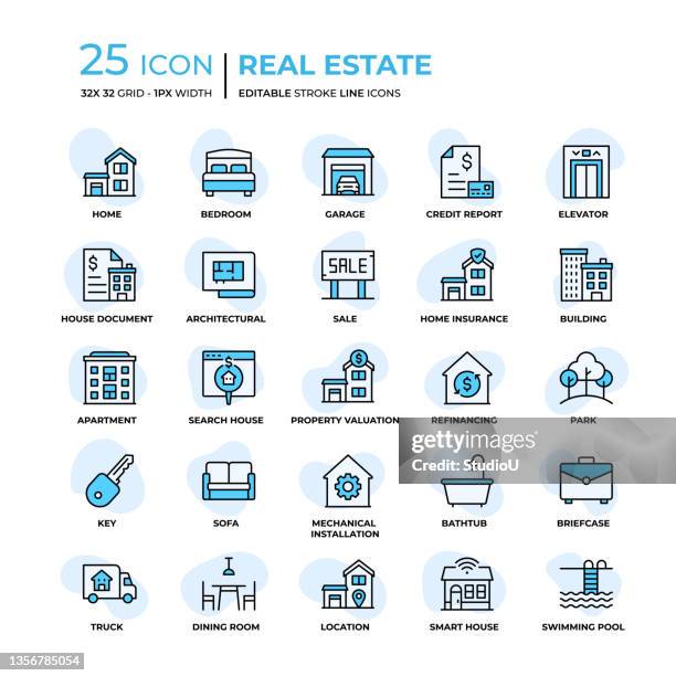 real estate flat style line icons - mortgage document stock illustrations