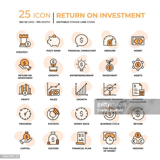 stockillustraties, clipart, cartoons en iconen met return on investment flat style line icons - financiële planning