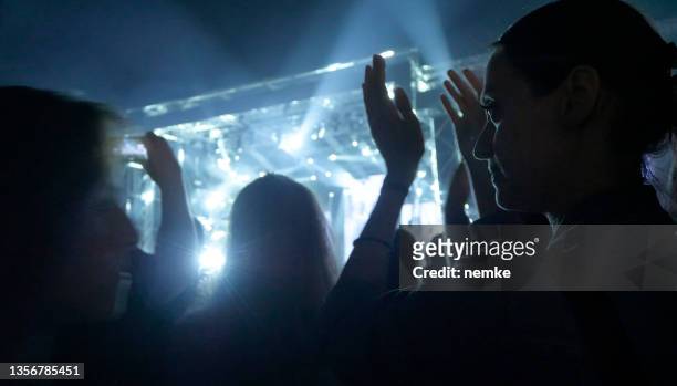 crowd of people at music festival dancing and enjoying music - mood stream stock pictures, royalty-free photos & images