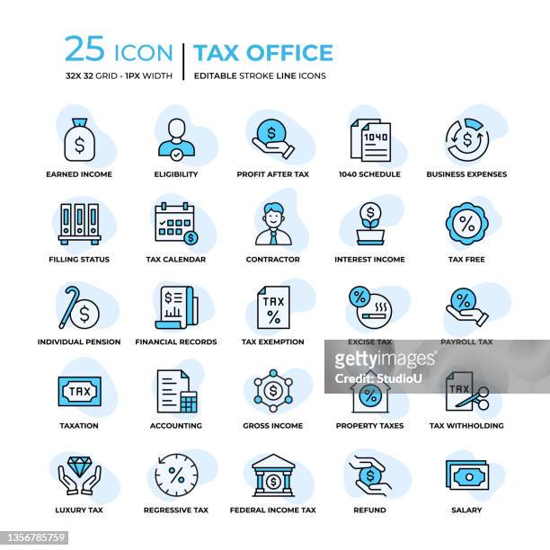bildbanksillustrationer, clip art samt tecknat material och ikoner med tax office flat style line icons - income tax