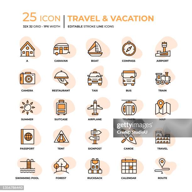 ilustrações de stock, clip art, desenhos animados e ícones de travel and vacation flat style line icons - fotografia da studio