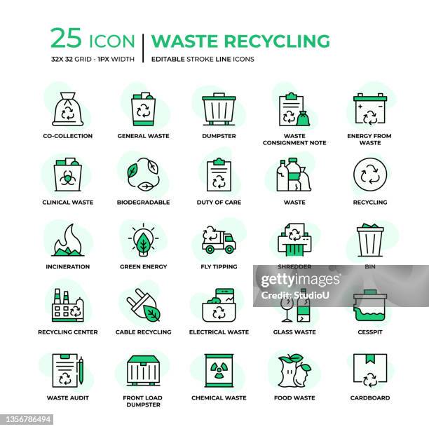 ilustrações de stock, clip art, desenhos animados e ícones de waste recycling flat style line icons - símbolo de reciclagem