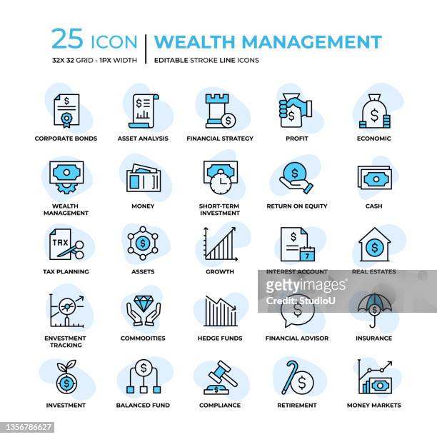 ilustraciones, imágenes clip art, dibujos animados e iconos de stock de iconos de línea de estilo plano de wealth management - plan financiero