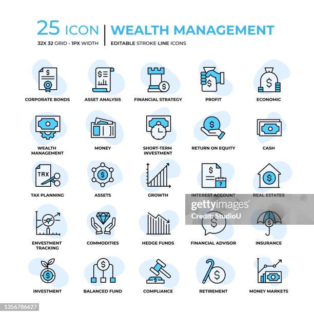 wealth management flat style line icons - hedge fund stock illustrations