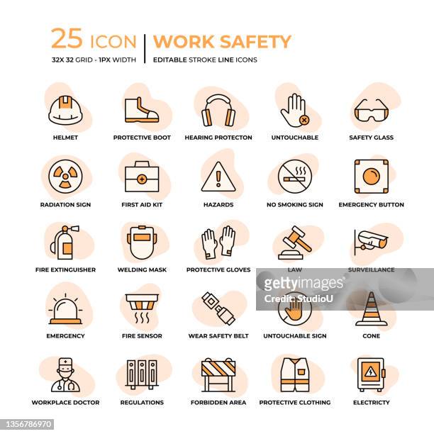 ilustraciones, imágenes clip art, dibujos animados e iconos de stock de iconos de línea de estilo plano de seguridad en el trabajo - crash site