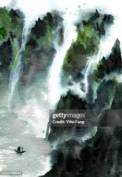 illustration of mountains with waterfall and birds - chinese artwork stock pictures, royalty-free photos & images