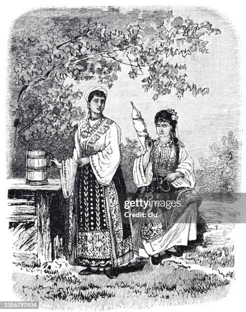 two romanian girls standing outdoor at a table - 1887 幅插畫檔、美工圖案、卡通及圖標