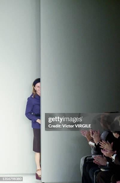 Fashion designer Miuccia Prada walks the runway during the Prada Ready to Wear Spring/Summer 2001 fashion show as part of the Milan Fashion Week on...