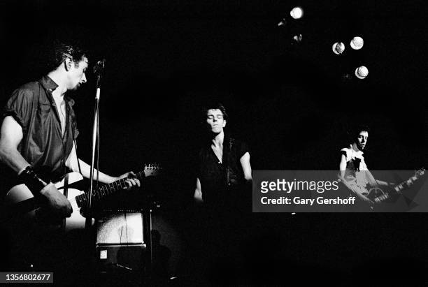 Members of British Punk group the Clash perform onstage at the Capitol Theatre, Passaic, New Jersey, March 8, 1980. Pictured are, from left, Joe...