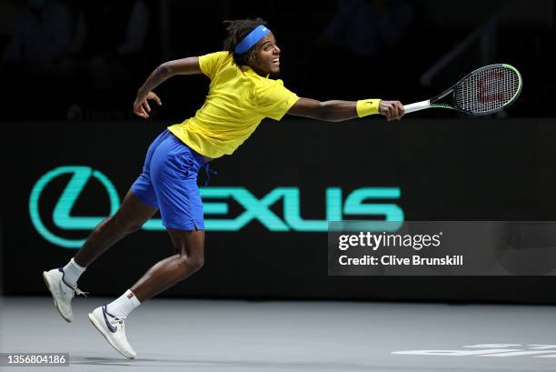 Elias Ymer of Sweden plays a backhand against Andrey Rublev of Russian Tennis Federation during the Davis Cup Quarter Final between Russian Tennis...