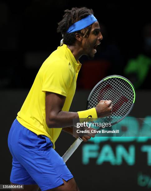 Elias Ymer of Sweden celebrates a point against Andrey Rublev of Russian Tennis Federation during the Davis Cup Quarter Final between Russian Tennis...