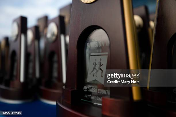 Trophies are seen before the Division II Men’s and Women’s Cross Country Championship held at the Abbey Course on November 20, 2021 in Saint Leo,...