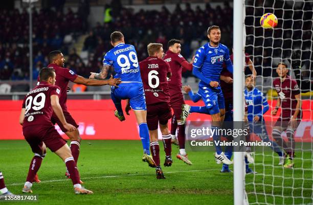 Simone Romagnoli of Empoli scores his sides first goal during the Serie A match between Torino FC and Empoli FC at Stadio Olimpico di Torino on...