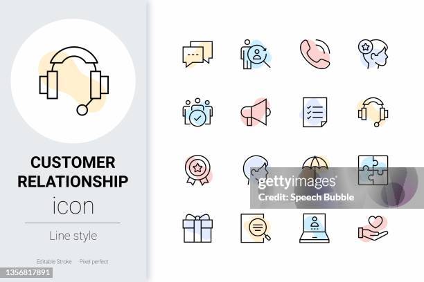 ilustrações, clipart, desenhos animados e ícones de relacionamento com o cliente, conjunto de ícones vetoriais de linha fina. - customer relationship management