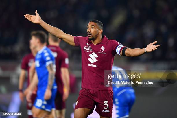 Bremer of Torino FC reacts during the Serie A match between Torino FC and Empoli FC at Stadio Olimpico di Torino on December 02, 2021 in Turin, Italy.