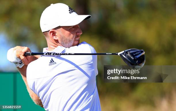 Daniel Berger of the United States hits his tee shot on the 10th hole during the first round of the Hero World Challenge at Albany Golf Course on...