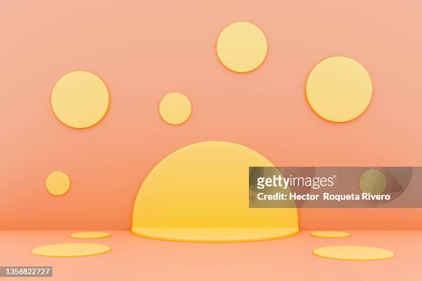 abstract geometric 3d rendering circle cylinder podium background. minimalism yellow and red still life style - stereoscopic images - fotografias e filmes do acervo