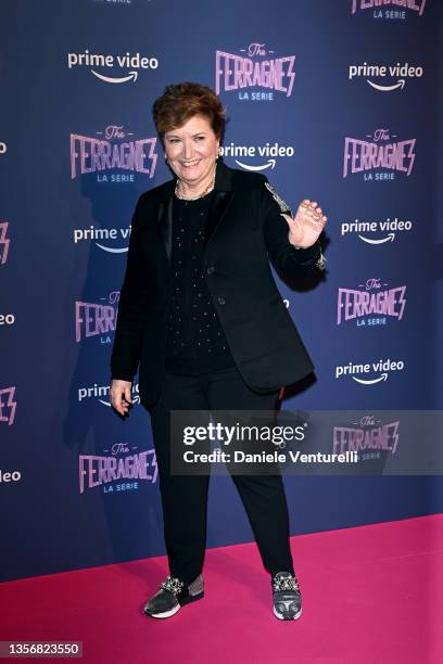 Mara Maionchi attends the photocall of the tv series "The Ferragnez" on December 02, 2021 in Milan, Italy.