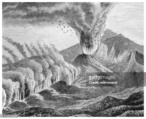 old engraving illustration of eruption from a crater of mount etna - sketching brand stock-fotos und bilder