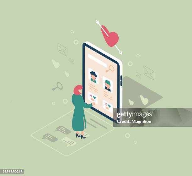 isometrischer vektor der dating-app - nicht-erwiderte-liebe stock-grafiken, -clipart, -cartoons und -symbole