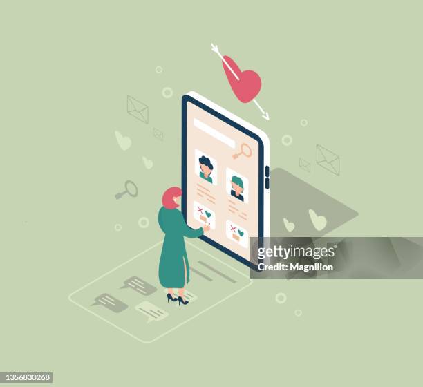 illustrazioni stock, clip art, cartoni animati e icone di tendenza di vettore isometrico dell'app di appuntamenti - amore non corrisposto