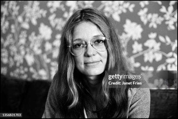 Portrait of American feminist leader and author Gloria Steinem in a room at a Holiday Inn, San Francisco, California, November 1977.