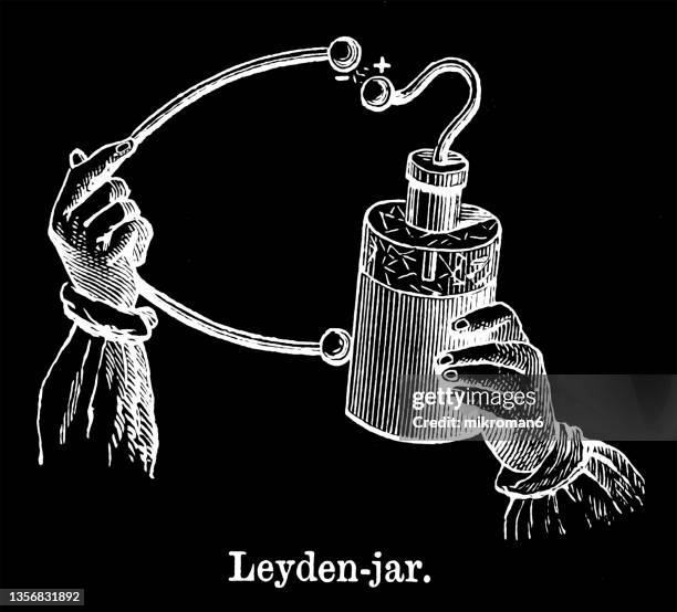 old engraved illustration of electricity - a leyden jar or leiden jar - leyden jars stock pictures, royalty-free photos & images