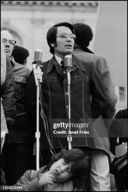 American cult leader and founder of the People's Temple Jim Jones speaks during a rally at the Civic Center Plaza, San Francisco, California, April...