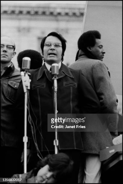 American cult leader and founder of the People's Temple Jim Jones speaks during a rally at the Civic Center Plaza, San Francisco, California, April...